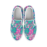 Teal Pink Blossom Tropical Pattern Print White Slip On Sneakers