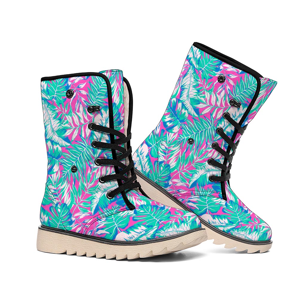 Teal Pink Blossom Tropical Pattern Print Winter Boots