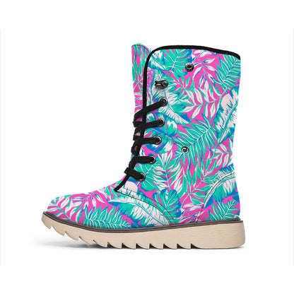 Teal Pink Blossom Tropical Pattern Print Winter Boots