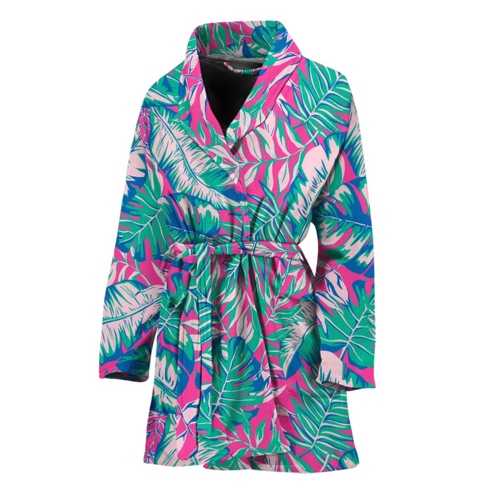 Teal Pink Blossom Tropical Pattern Print Women's Bathrobe