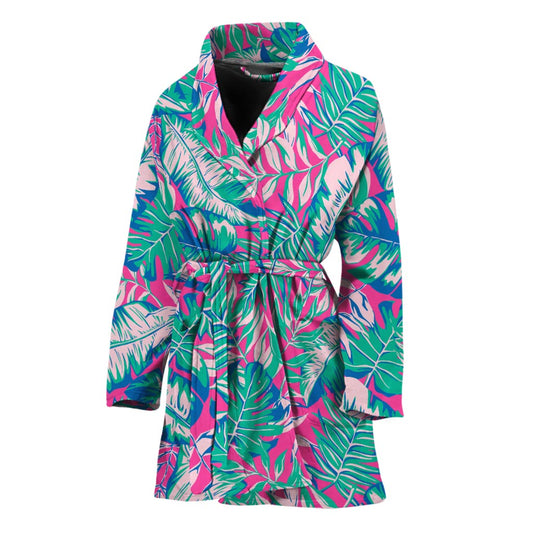 Teal Pink Blossom Tropical Pattern Print Women's Bathrobe