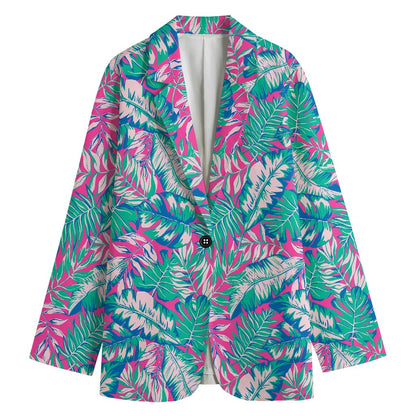Teal Pink Blossom Tropical Pattern Print Women's Blazer