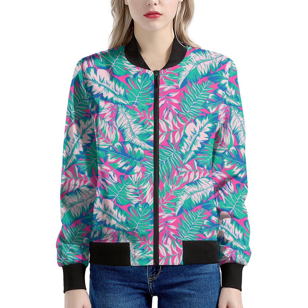 Teal Pink Blossom Tropical Pattern Print Women's Bomber Jacket
