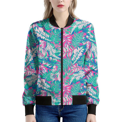 Teal Pink Blossom Tropical Pattern Print Women's Bomber Jacket