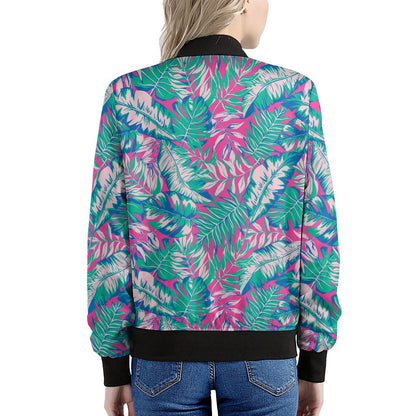 Teal Pink Blossom Tropical Pattern Print Women's Bomber Jacket