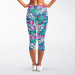 Teal Pink Blossom Tropical Pattern Print Women's Capri Leggings