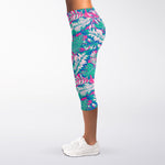 Teal Pink Blossom Tropical Pattern Print Women's Capri Leggings