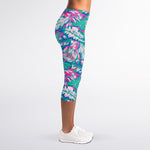 Teal Pink Blossom Tropical Pattern Print Women's Capri Leggings