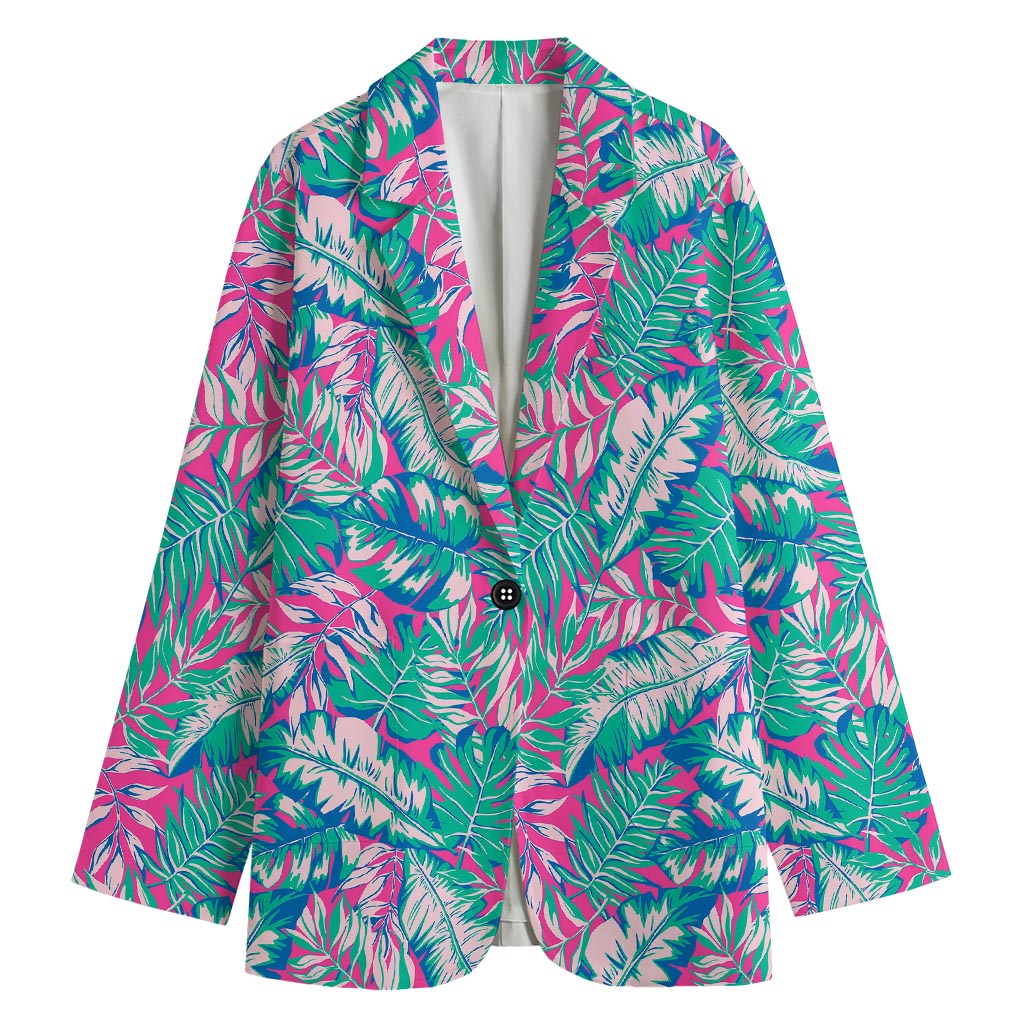 Teal Pink Blossom Tropical Pattern Print Women's Cotton Blazer