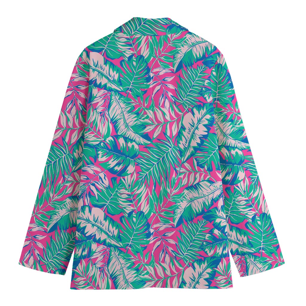 Teal Pink Blossom Tropical Pattern Print Women's Cotton Blazer