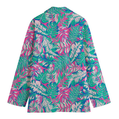 Teal Pink Blossom Tropical Pattern Print Women's Cotton Blazer