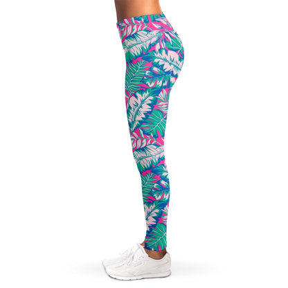 Teal Pink Blossom Tropical Pattern Print Women's Leggings