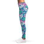 Teal Pink Blossom Tropical Pattern Print Women's Leggings