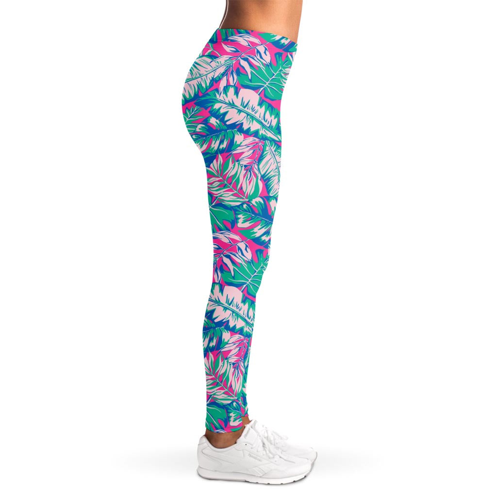 Teal Pink Blossom Tropical Pattern Print Women's Leggings