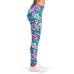 Teal Pink Blossom Tropical Pattern Print Women's Leggings