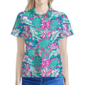 Teal Pink Blossom Tropical Pattern Print Women's Polo Shirt