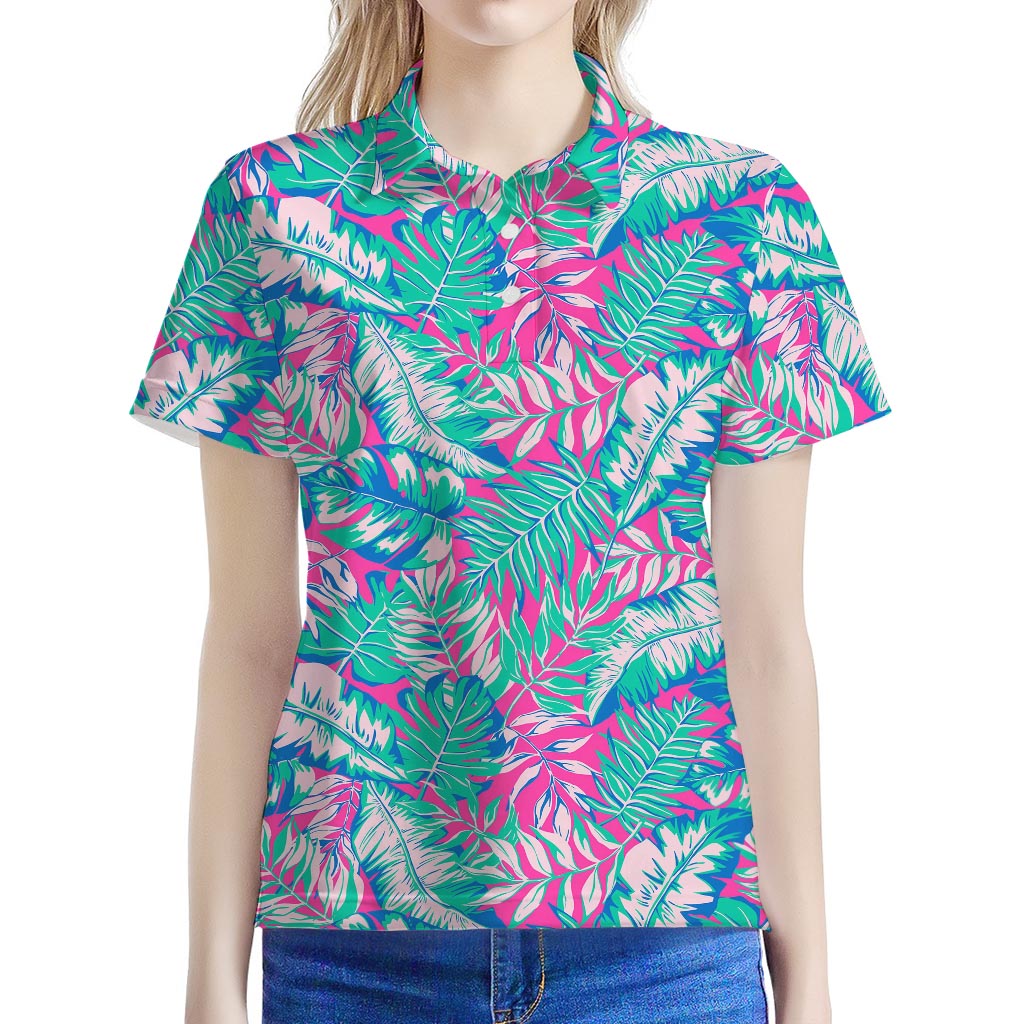 Teal Pink Blossom Tropical Pattern Print Women's Polo Shirt