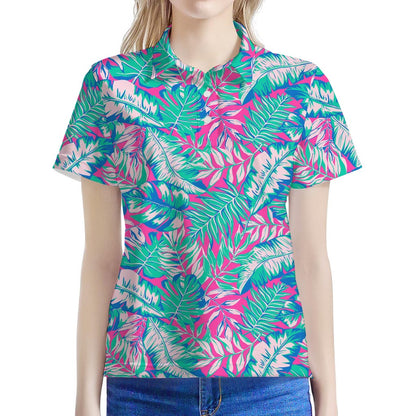 Teal Pink Blossom Tropical Pattern Print Women's Polo Shirt