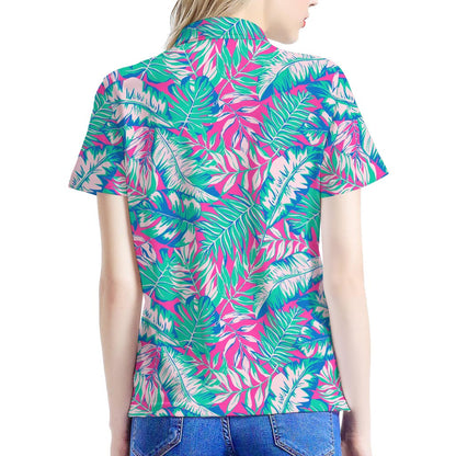 Teal Pink Blossom Tropical Pattern Print Women's Polo Shirt