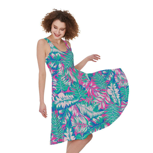 Teal Pink Blossom Tropical Pattern Print Women's Sleeveless Dress