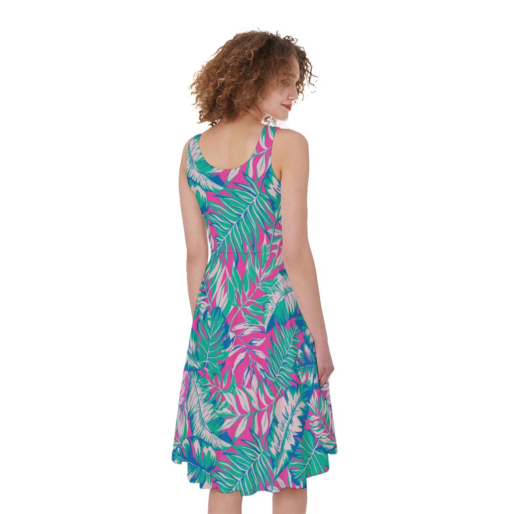 Teal Pink Blossom Tropical Pattern Print Women's Sleeveless Dress