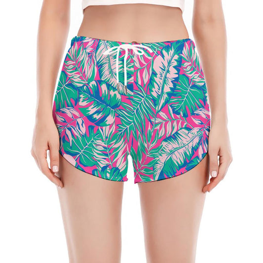 Teal Pink Blossom Tropical Pattern Print Women's Split Running Shorts