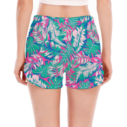 Teal Pink Blossom Tropical Pattern Print Women's Split Running Shorts