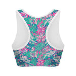 Teal Pink Blossom Tropical Pattern Print Women's Sports Bra