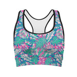 Teal Pink Blossom Tropical Pattern Print Women's Sports Bra