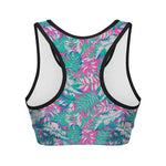 Teal Pink Blossom Tropical Pattern Print Women's Sports Bra