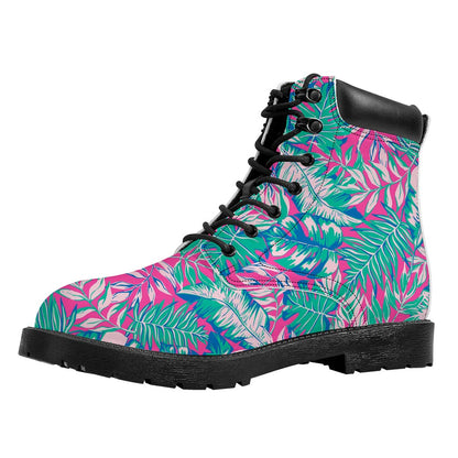 Teal Pink Blossom Tropical Pattern Print Work Boots