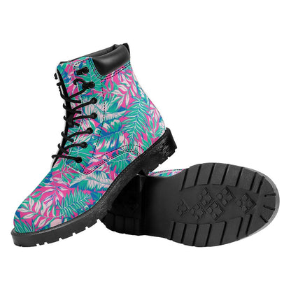 Teal Pink Blossom Tropical Pattern Print Work Boots