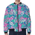 Teal Pink Blossom Tropical Pattern Print Zip Sleeve Bomber Jacket