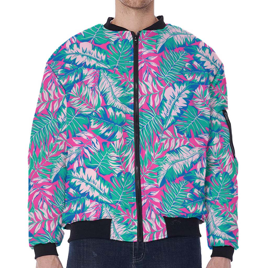 Teal Pink Blossom Tropical Pattern Print Zip Sleeve Bomber Jacket