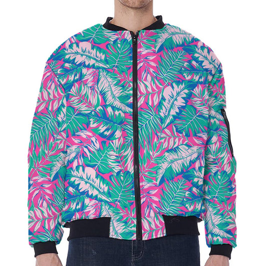 Teal Pink Blossom Tropical Pattern Print Zip Sleeve Bomber Jacket