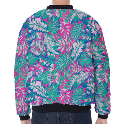 Teal Pink Blossom Tropical Pattern Print Zip Sleeve Bomber Jacket