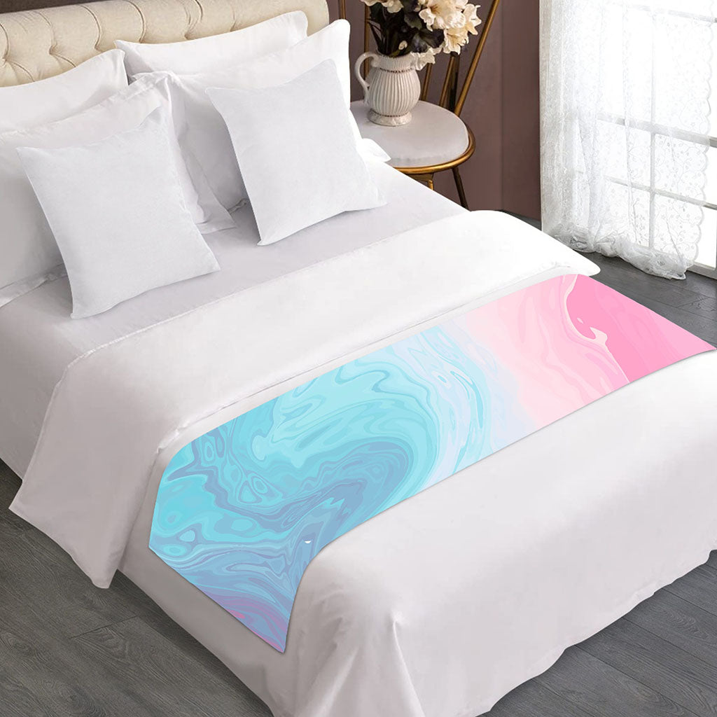Teal Pink Liquid Marble Print Bed Runner
