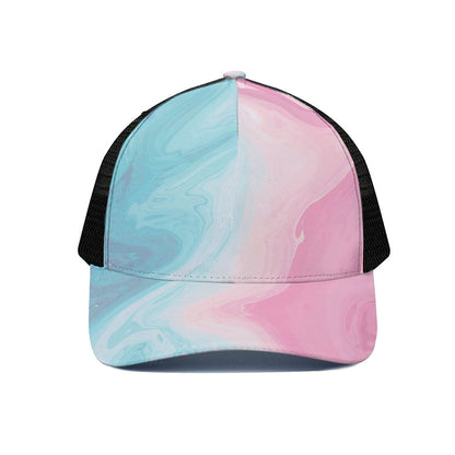 Teal Pink Liquid Marble Print Black Mesh Trucker Cap