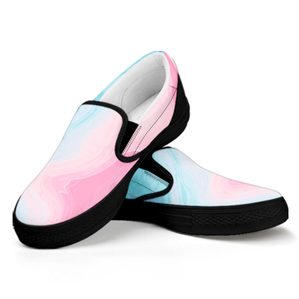 Teal Pink Liquid Marble Print Black Slip On Sneakers