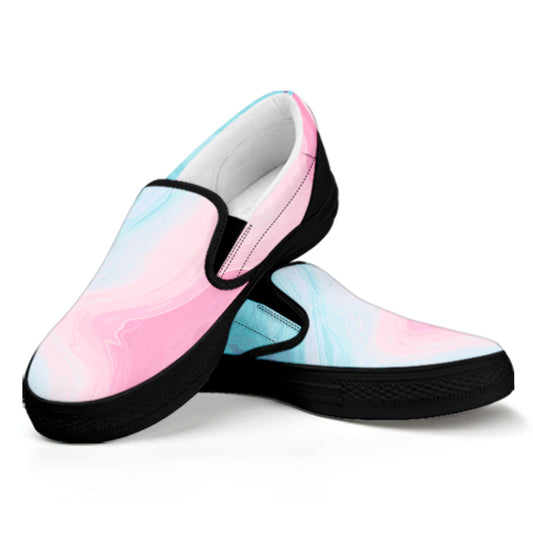 Teal Pink Liquid Marble Print Black Slip On Sneakers