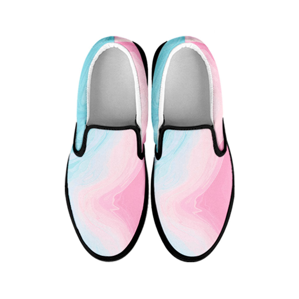 Teal Pink Liquid Marble Print Black Slip On Sneakers