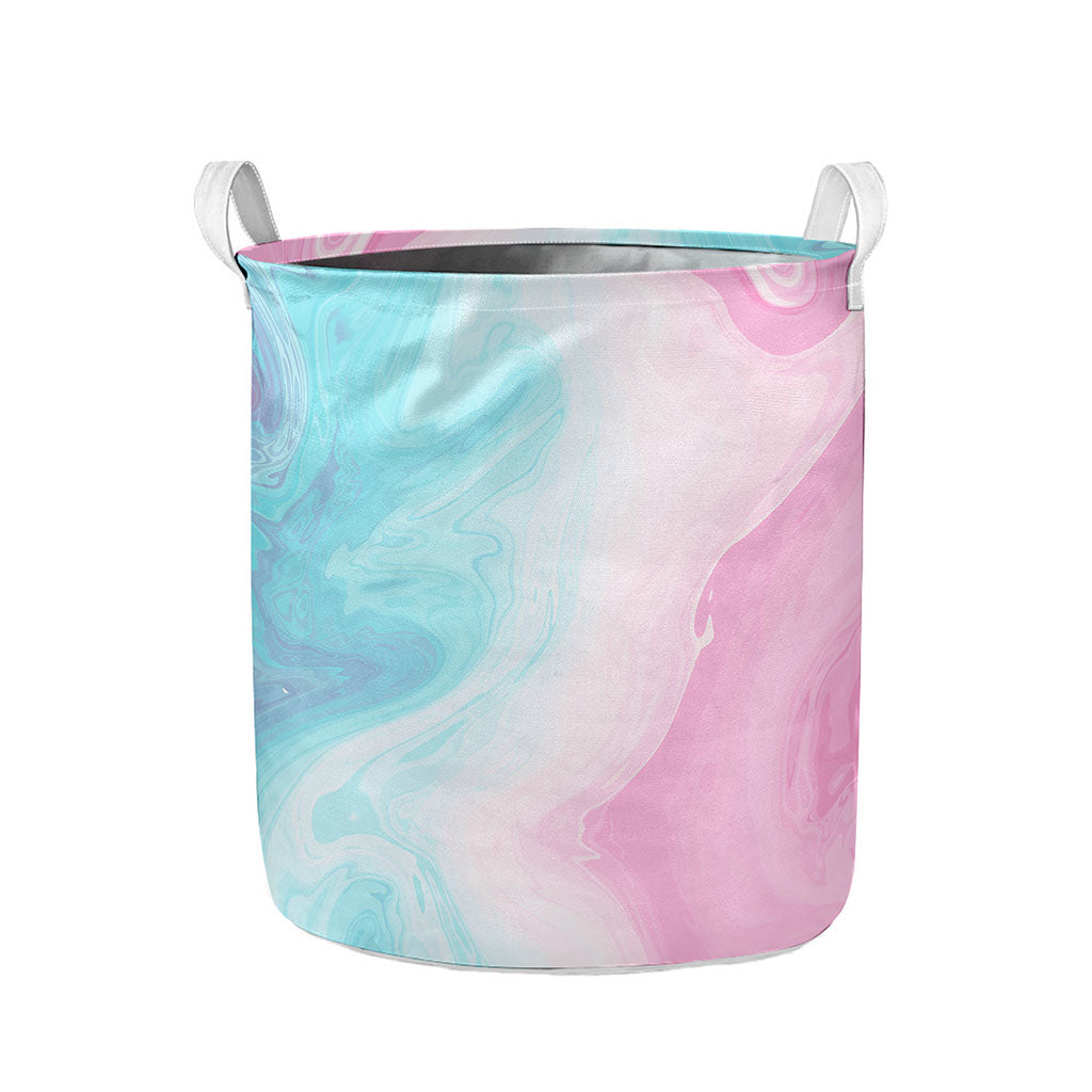 Teal Pink Liquid Marble Print Collapsible Laundry Basket