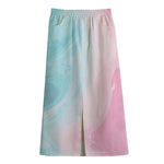 Teal Pink Liquid Marble Print Cotton Front Slit Maxi Skirt