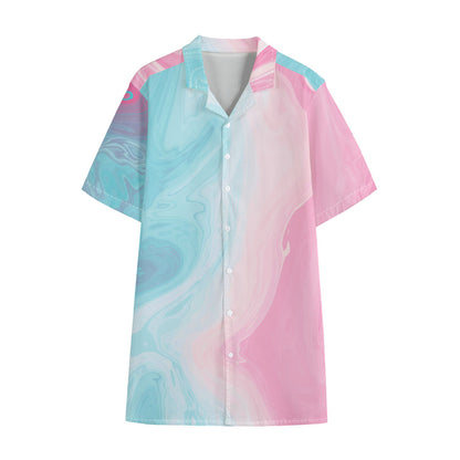 Teal Pink Liquid Marble Print Cotton Hawaiian Shirt