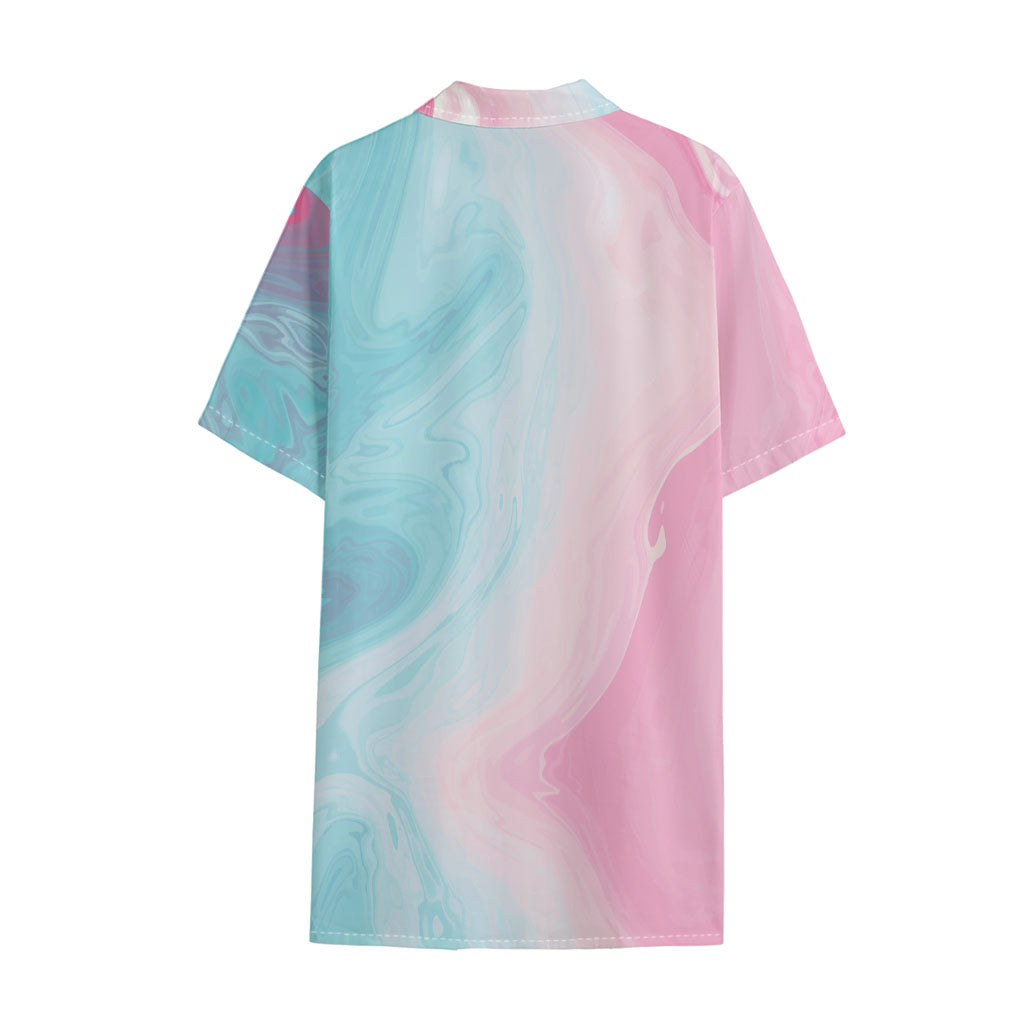 Teal Pink Liquid Marble Print Cotton Hawaiian Shirt