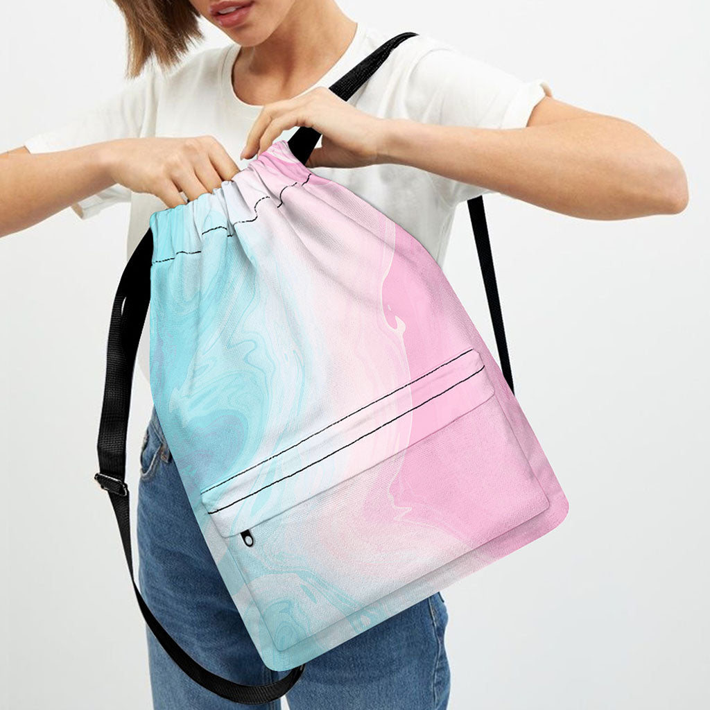 Teal Pink Liquid Marble Print Drawstring Backpack