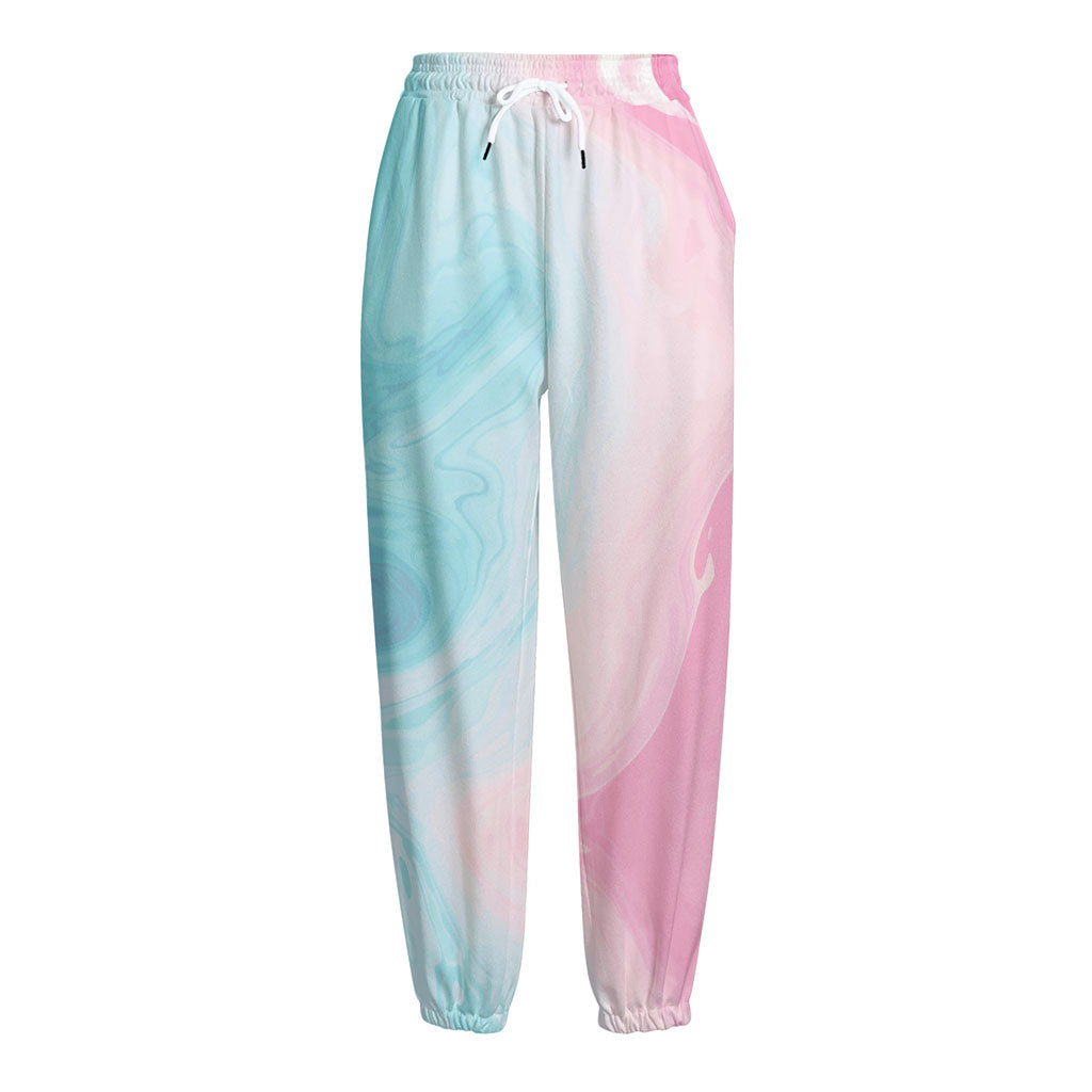 Teal Pink Liquid Marble Print Fleece Lined Knit Pants