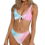 Teal Pink Liquid Marble Print Front Bow Tie Bikini