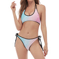 Teal Pink Liquid Marble Print Halter Scoop Tie Side Bikini