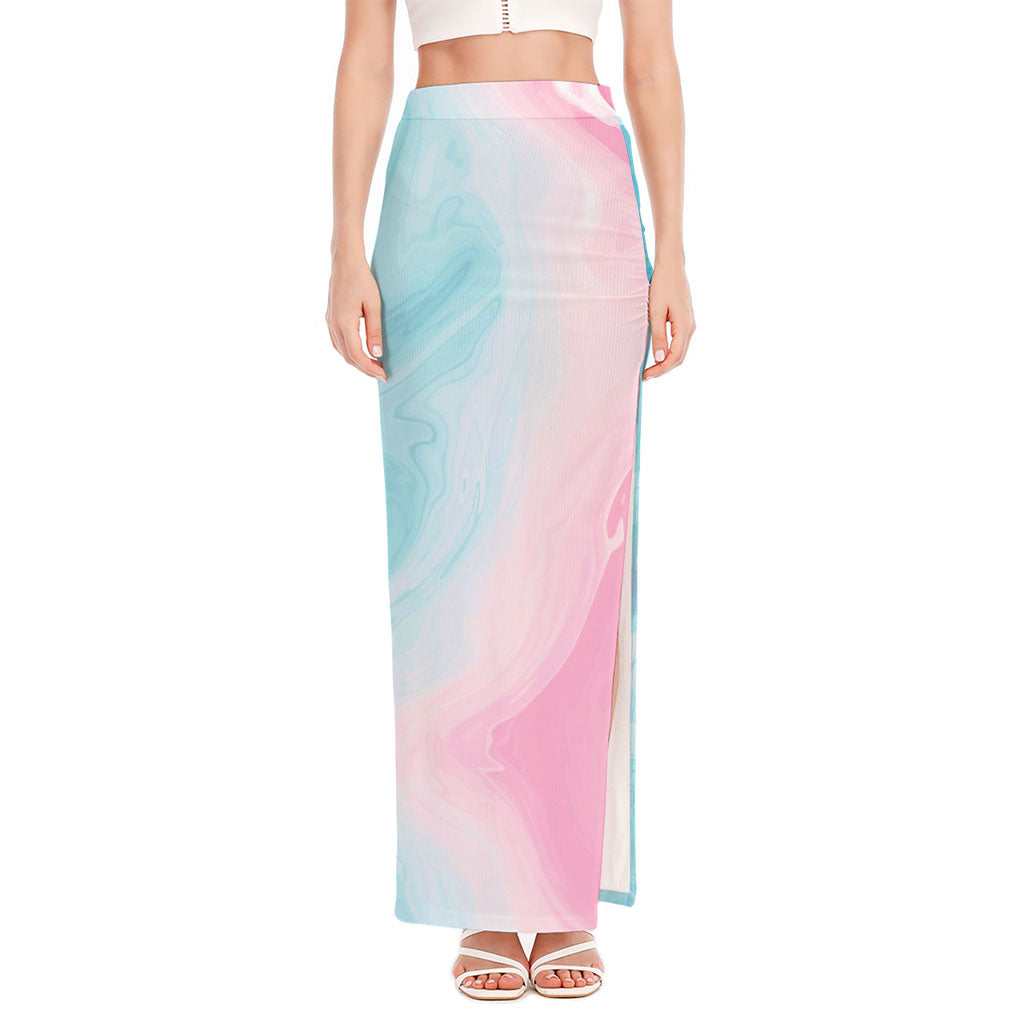 Teal Pink Liquid Marble Print High Slit Maxi Skirt